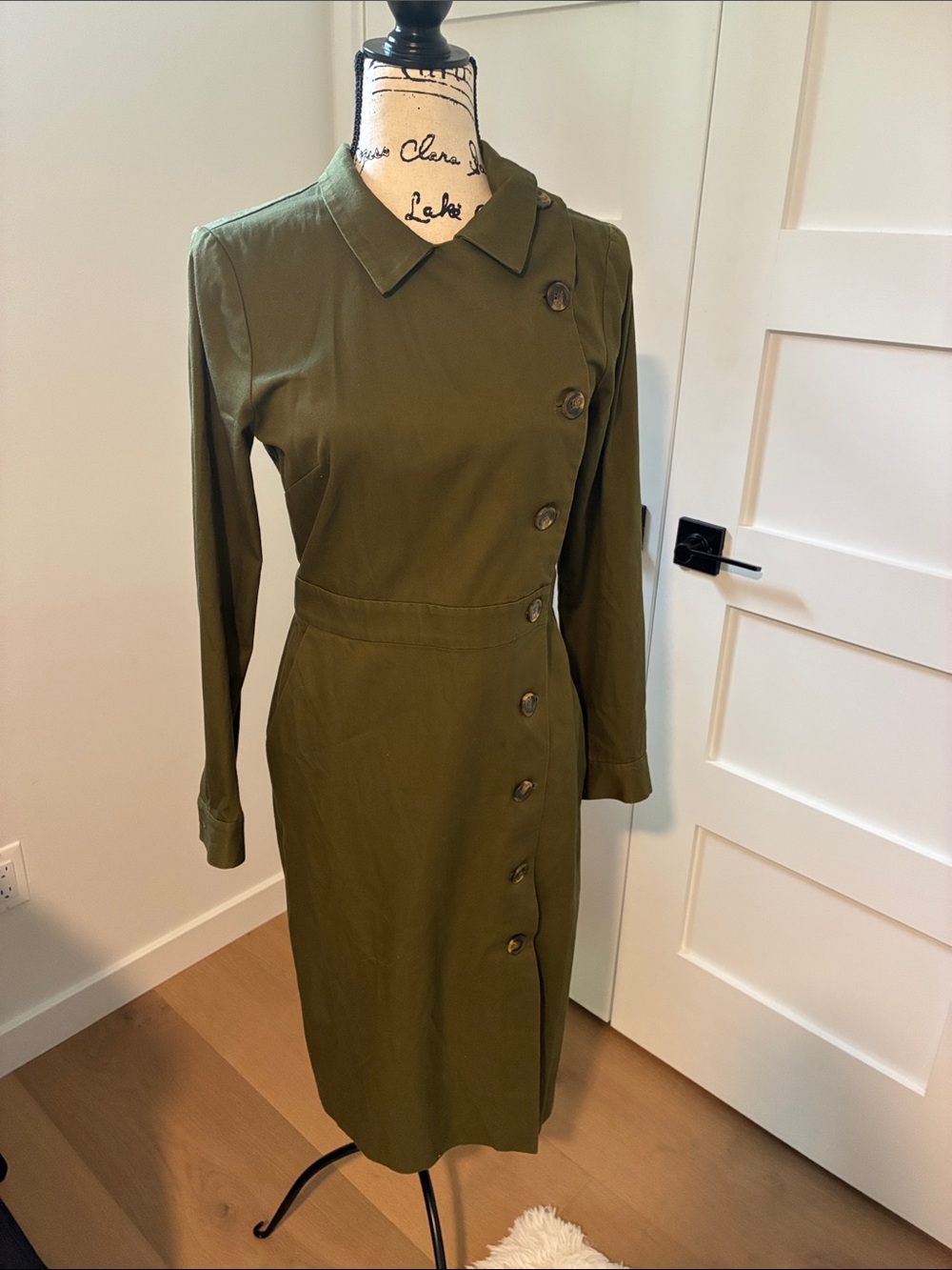 & Other Stories Olive Green Asymmetric Button Midi Dress
